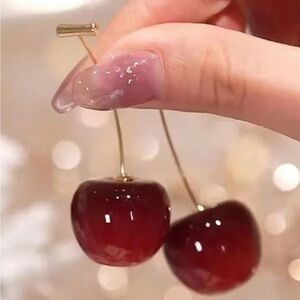 Dangle Cherry Earrings with Gold Tone Stem